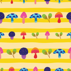 Magic mushrooms vector pattern design on yellow stripes