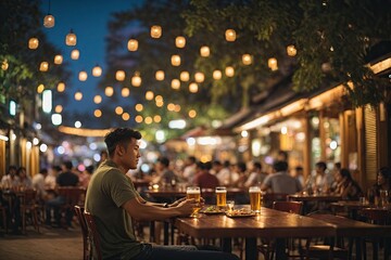 Fototapeta premium Bokeh background of Street Bar beer restaurant outdoor. ai generative