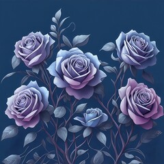 Blue and ash roses. Watercolor digital 2D painting. Painted flowers. Floral pattern. Background for design projects. Ornament for fabric and packaging design. Generative AI.