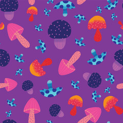 Magical mushrooms seamless pattern design on purple background