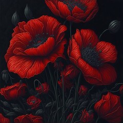 Red poppies. Watercolor digital 2D painting. Painted flowers. Floral pattern. Background for design projects. Ornament for fabric and packaging design. Generative AI.