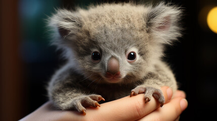 In Gentle Embrace: A Tiny Koala Cradled in a Hand. Generative AI