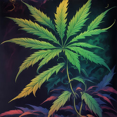 Cannabis, medicinal plant. Decorative digital 2D painting. Color illustration for background. Picturesque portrait for the interior. Wall mural, poster or picture for home. Generative AI.