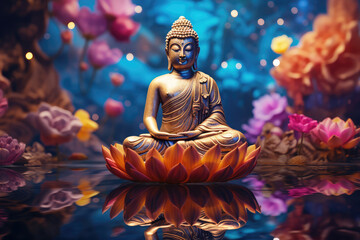 glowing golden buddha and 3d multicolored flowers and lotuses background - obrazy, fototapety, plakaty