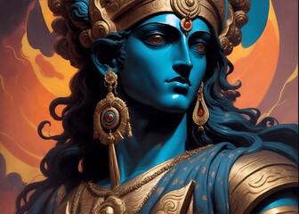 God Rama. Decorative digital 2D painting. Color illustration for background. Picturesque portrait for the interior. Wall mural, poster or picture for home. Generative AI. - obrazy, fototapety, plakaty