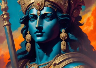 God Rama. Decorative digital 2D painting. Color illustration for background. Picturesque portrait for the interior. Wall mural, poster or picture for home. Generative AI.