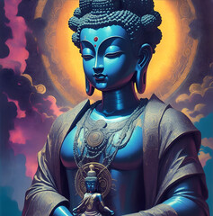 Statue of God Buddha. Decorative digital 2D painting. Color illustration for background. Picturesque portrait for the interior. Wall mural, poster or picture for home. Generative AI.