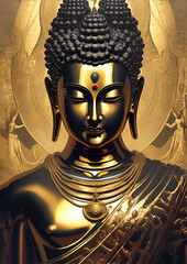 Golden statue of God Buddha. Decorative digital 2D painting. Color illustration for background. Picturesque portrait for the interior. Wall mural, poster or picture for home. Generative AI.