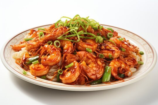 A white plate topped with shrimp and noodles. Fictional image. Tasty Lo Mein dish.