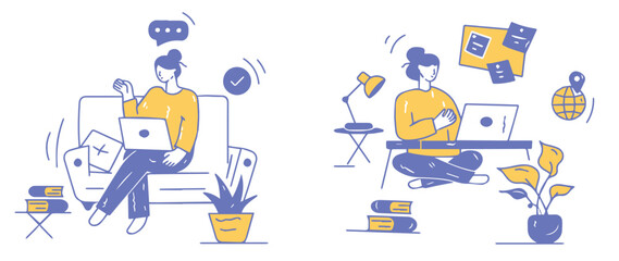 Woman working on laptop. working while sitting. female employee. female worker. freelancer. doing business online. influencer. vector illustrations.