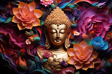 Fotobehang glowing golden buddha and 3d multicolored flowers and lotuses background © Kien