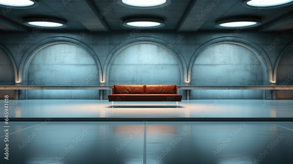 Poster an empty room with a couch in the middle of it. fictional image.