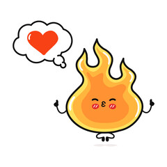 Fire doing yoga with speech bubble. Vector hand drawn cartoon kawaii character illustration icon. Isolated on white background. Fire in love character concept