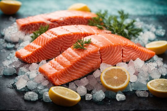 Fresh salmon fillet on ice Red tasty fish meat. ai generative
