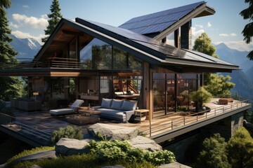 Fototapeta na wymiar A house with a solar panel on the roof. Fictional image.