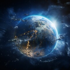 Earth from space. Planet Earth in space with visible country borders and city lights. 3D illustration.