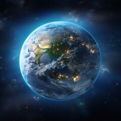 Earth from space. Planet Earth in space with visible country borders and city lights. 3D illustration.