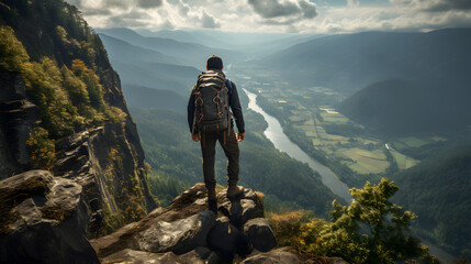 man wearing a hiking bag and doing hoking on top of a mountain
