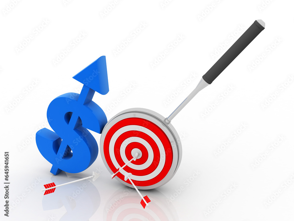 Poster 3d rendering dollar symbol target with lens