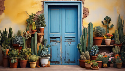 Colorful door and wall with cacti - a concept welcome to Mexico