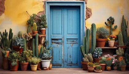 Papier Peint photo Lavable Vielles portes Colorful door and wall with cacti - a concept welcome to Mexico