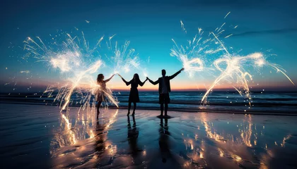 Fototapeten New Year's Eve celebration on the beach with fireworks © terra.incognita