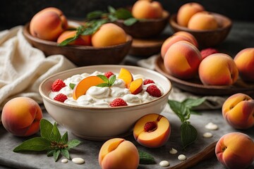 Obraz premium Yogurt and fresh peaches background. ai generative