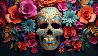 Skull with flowers during the Day of the Dead in Mexico