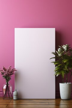 A pink room with a plant and a picture frame. Imaginary mockup for your lettering or art.