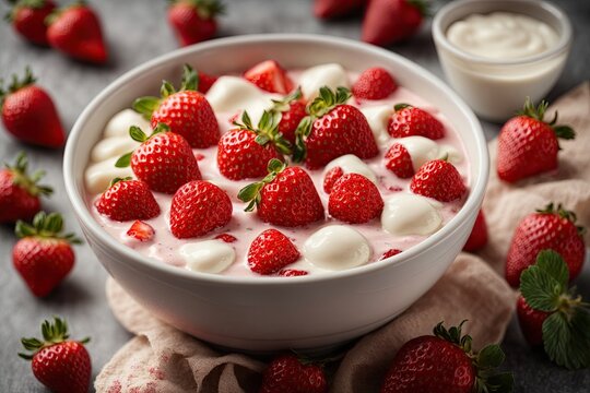 Yogurt and fresh strawberries background. ai generative