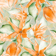 Blooming ylang ylang flower in leaves watercolor seamless pattern