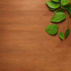 green leaves on wooden background