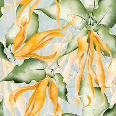 Bouquet of ylang ylang flowers in the garden watercolor seamless pattern