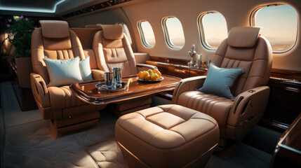 private aircraft interior with luxurious amenities. luxury and expensive lifestyle. banner
