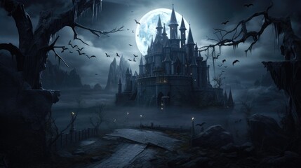 halloween castle under the moonlight. dark night forest full moon. graveyard silhouette halloween abstract background.