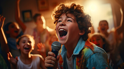 Singing, entertainment and friends dancing in living room with a microphone to music, karaoke at home