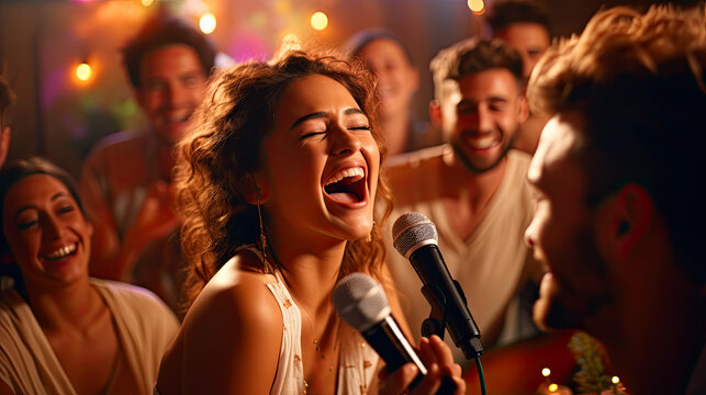 Singing, entertainment and friends dancing in living room with a microphone to music, karaoke at home