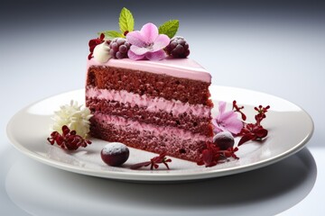 A piece of cake on a white plate. Fictional image. Eadible flowers decoration.