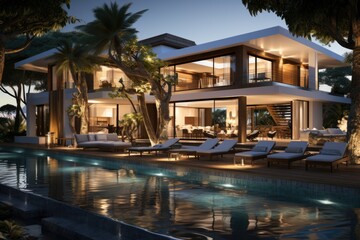 Fototapeta premium A modern house with a pool and lounge chairs. Fictional image.