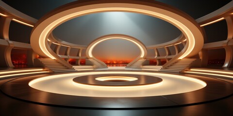 A large circular room with a lot of lights. Fictional image.