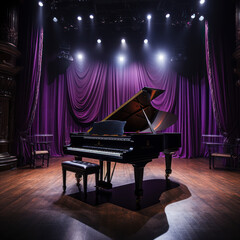  A lone piano waits on an empty stage with purple 

