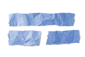 Blue crumpled paper pieces with torn edge isolated on white, transparent background, PNG. Recycled craft paper wrinkled, creased texture, ripped border. Template, mockup with copy space for text