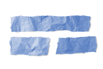 Blue crumpled paper pieces with torn edge isolated on white, transparent background, PNG. Recycled craft paper wrinkled, creased texture, ripped border. Template, mockup with copy space for text