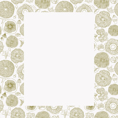 Square card with monochromatic outline mushrooms frame and space for your text.