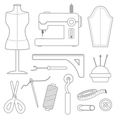 Set of sewing tools equipment vector line art - obrazy, fototapety, plakaty
