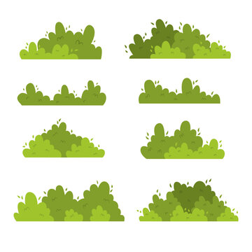 Set Of Green Bush Grass Vector Flat Illustration 