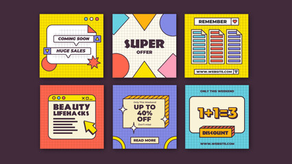 Colorful Retro Social Media Posts Set. You can change all colors and texts as you wish.