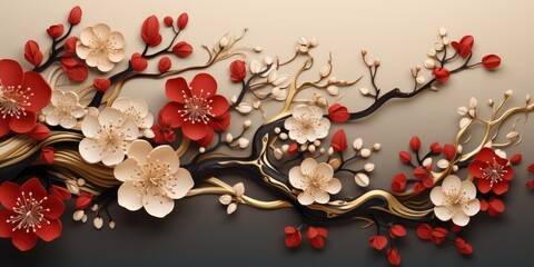 A red and white flowered branch on a wall. Fictional image. Decorative plum flowers.