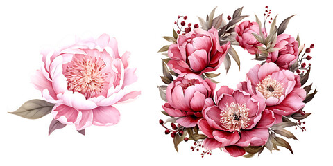 Beautiful wedding wreath with Paeonia lactiflora wildflowers watercolor elements set