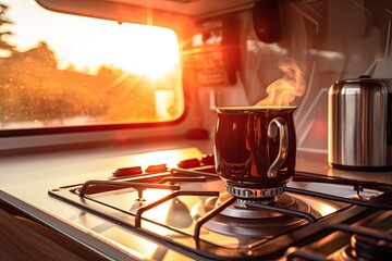 Morning coffee on the stove in a motorhome. Coffee at dawn and the road to adventure. Road travel in motorhome and a cup of warm coffee in the rays of morning sun.